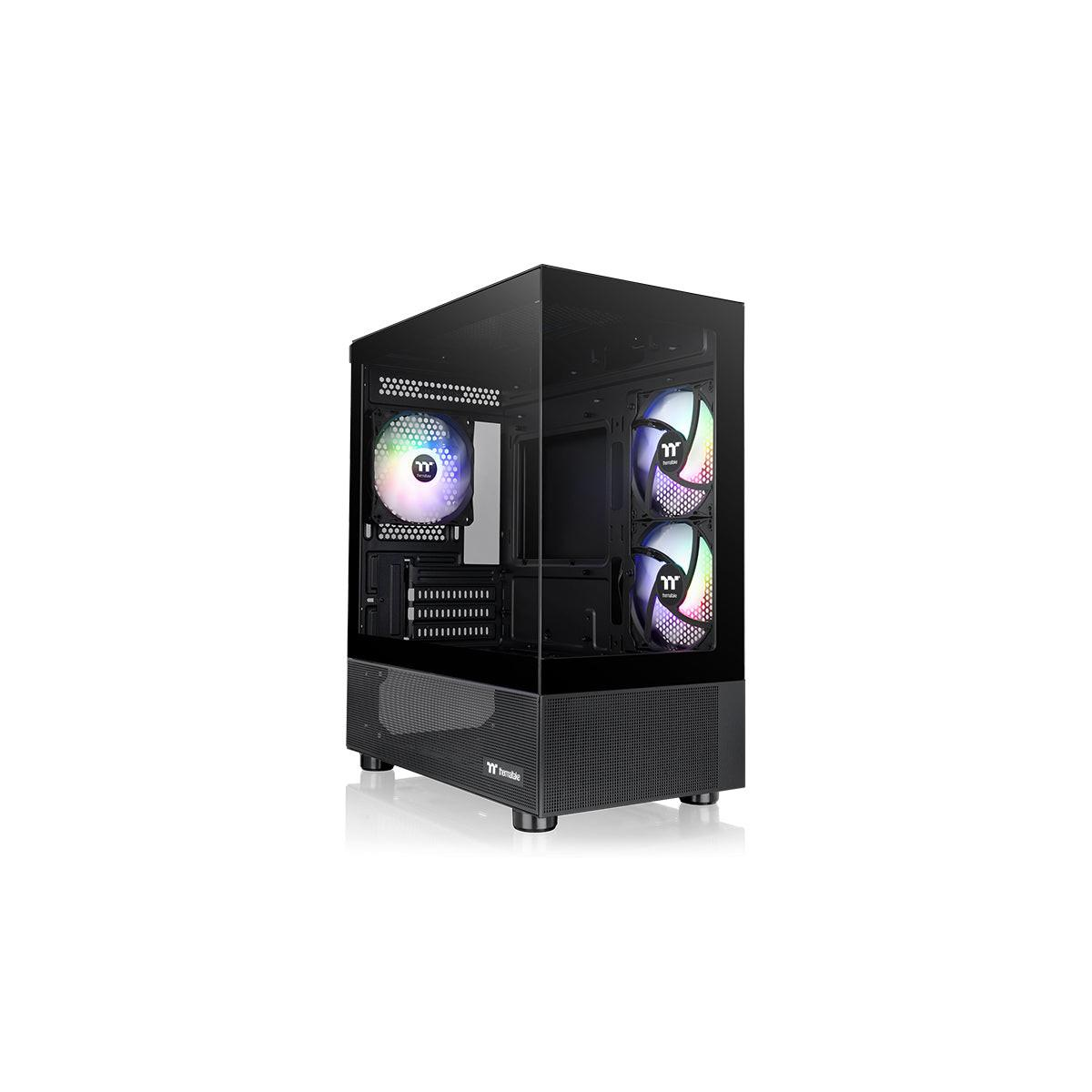 Una tower del computer nera con pannelli laterali in vetro e ventole RGB.