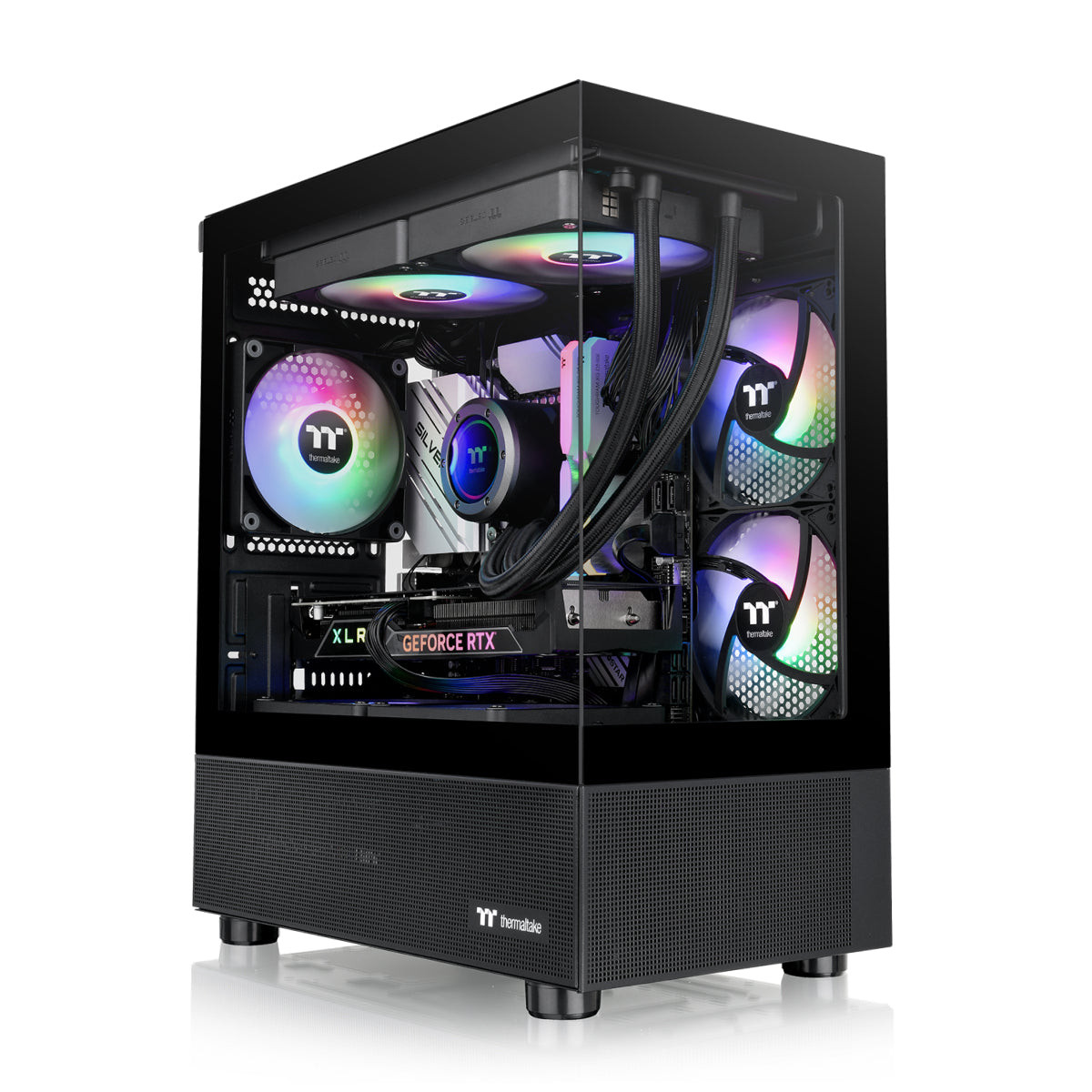 Case PC nero con pannello laterale in vetro, mostra ventole RGB, GPU e dissipatore a liquido.