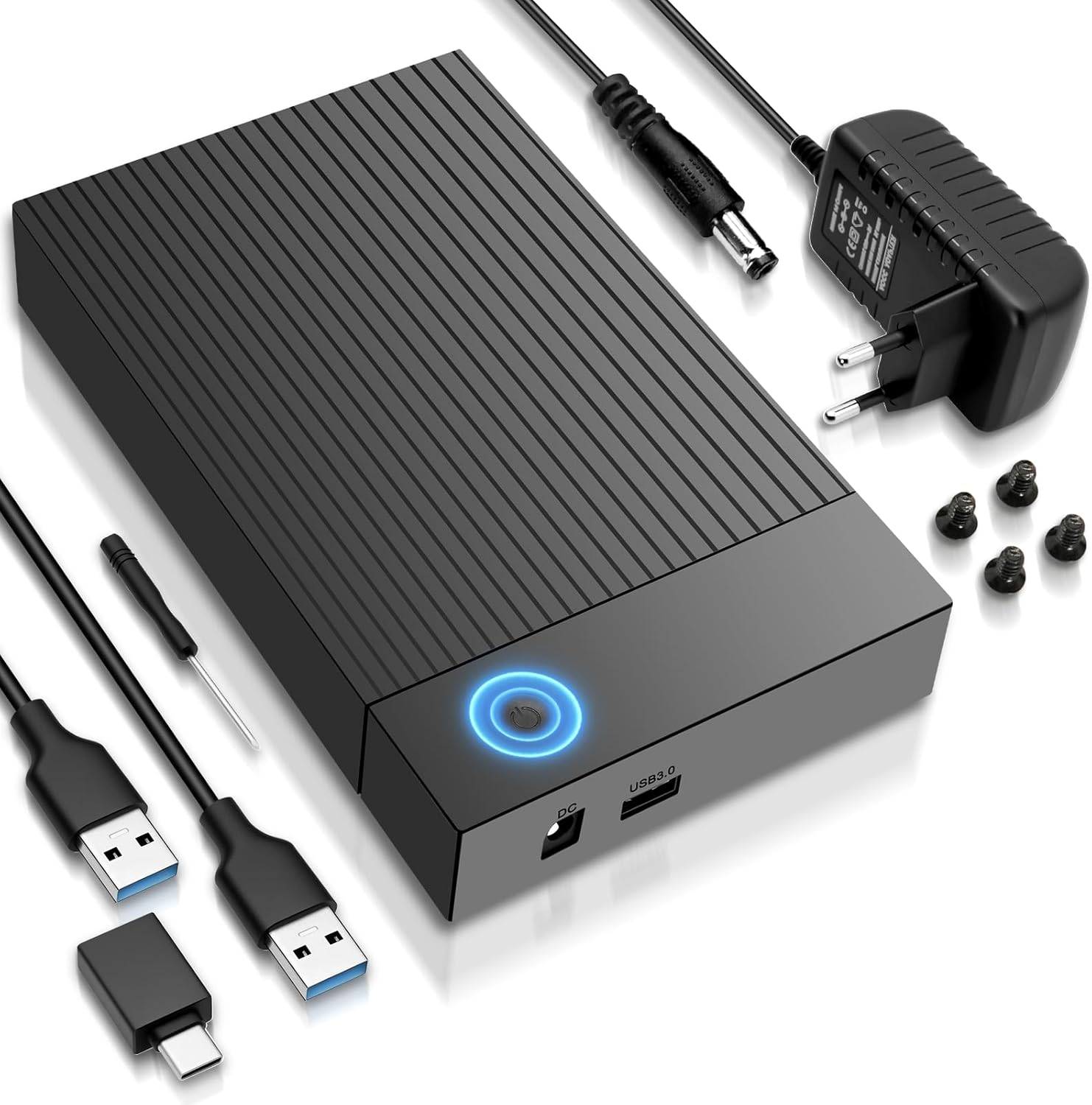 Schwarzes externes Festplattengehäuse mit USB 3.0, DC-Anschluss, blauem Licht und Zubehör.