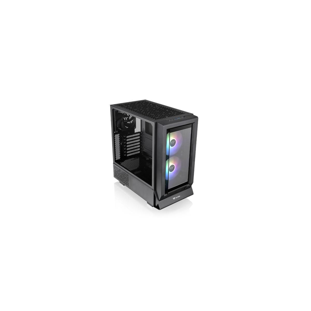 Case per computer nero con frontale in vetro e due ventole illuminate.