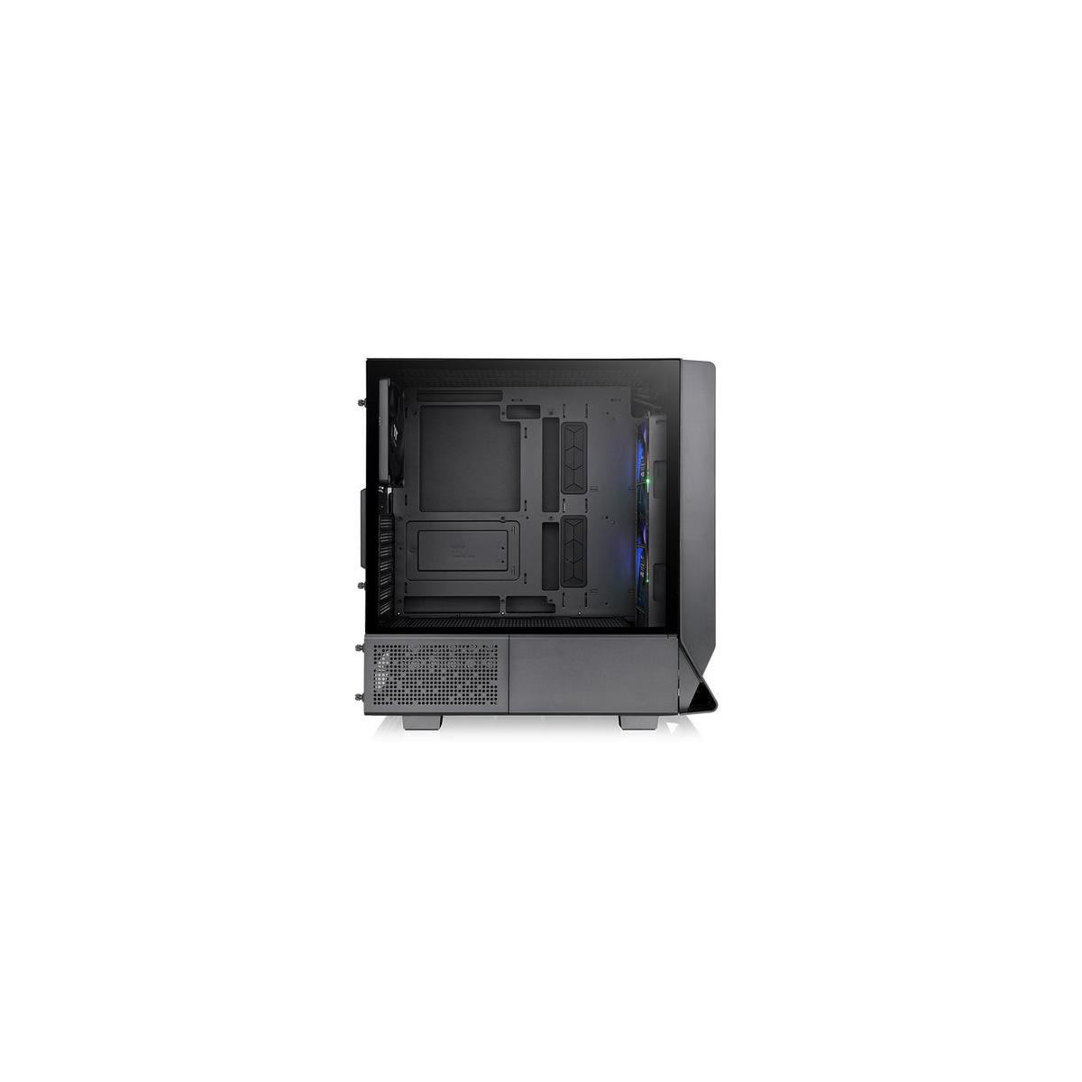 Un case PC nero aperto con ventole illuminate di blu all'interno.
