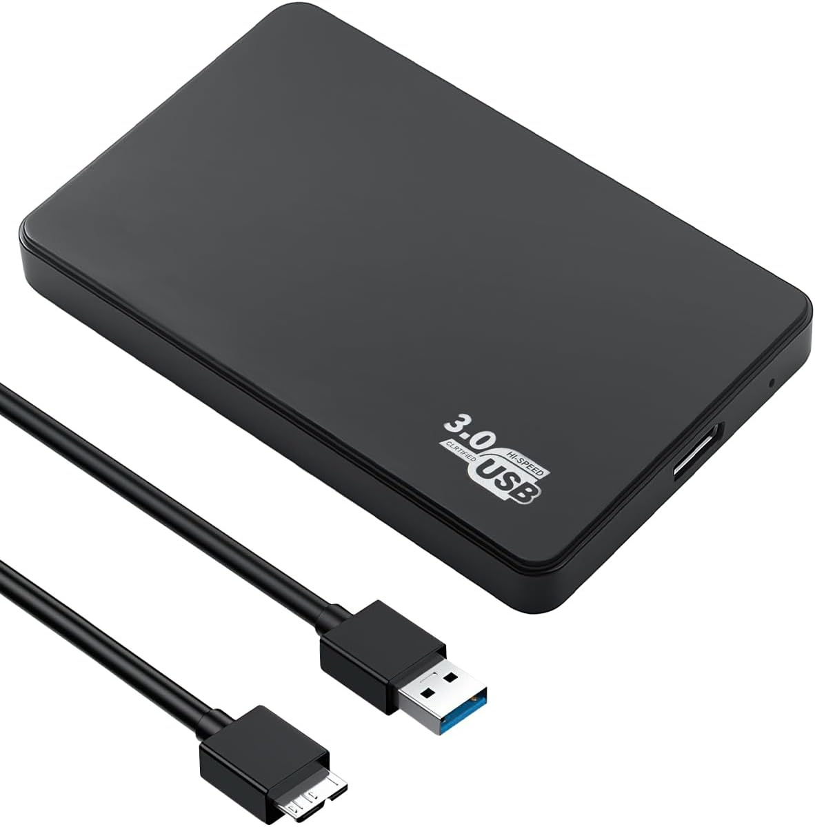 Eine schwarze externe Festplatte mit USB 3.0 Anschluss und zwei schwarzen Kabeln.