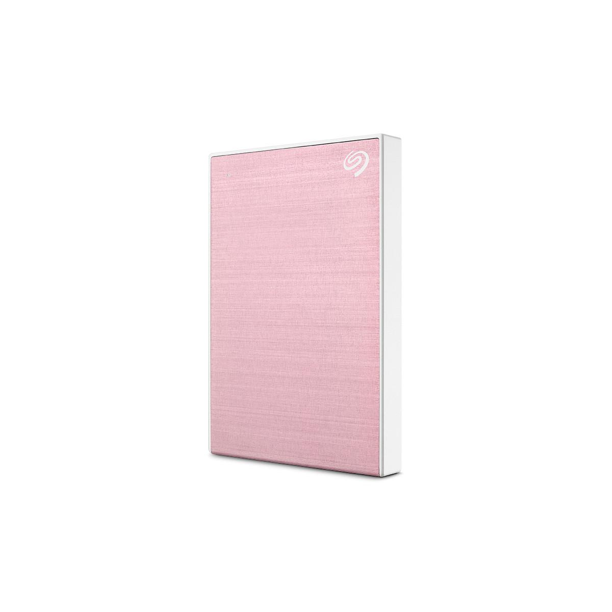 A pink external hard drive with a white frame and Seagate logo.