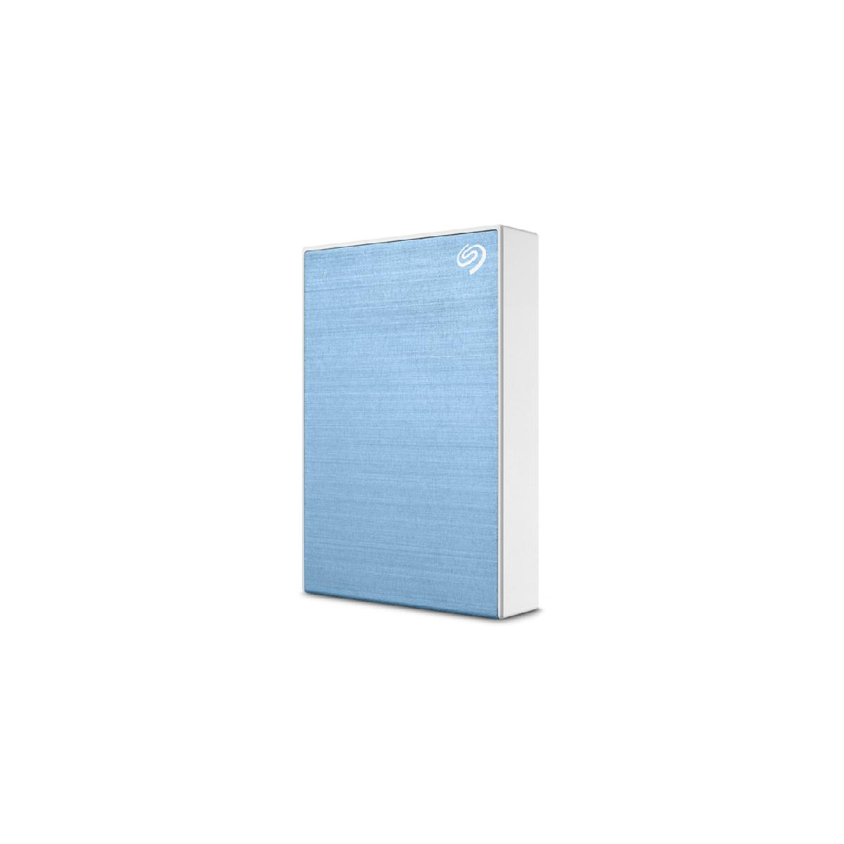 A light blue external hard drive with a silver frame and the Seagate logo.