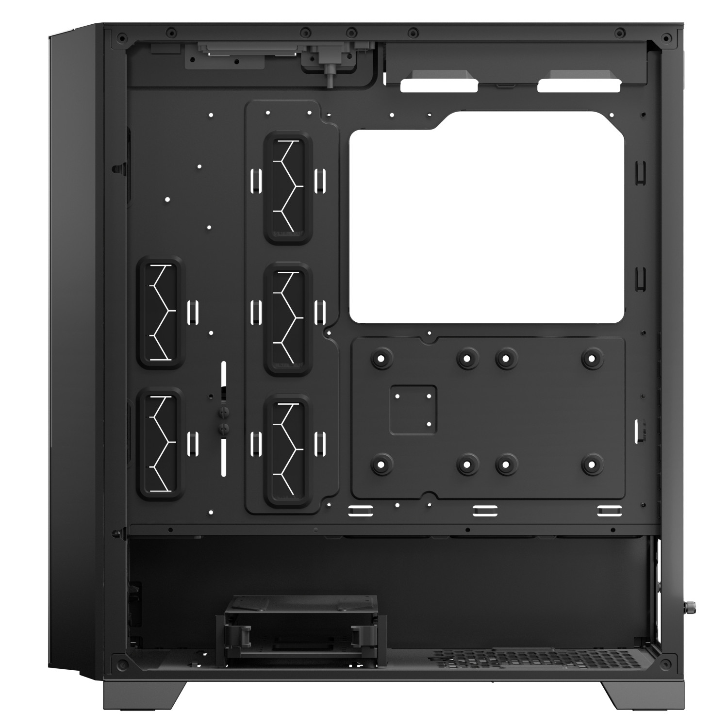 Vista posteriore di un case PC nero con fori di montaggio e gestione cavi.