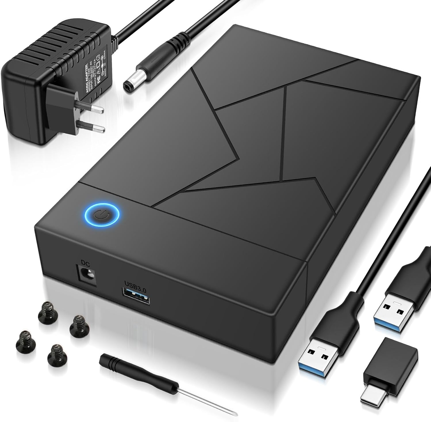 Schwarzes externes Festplattengehäuse mit Netzteil, USB-Kabeln und Schrauben.