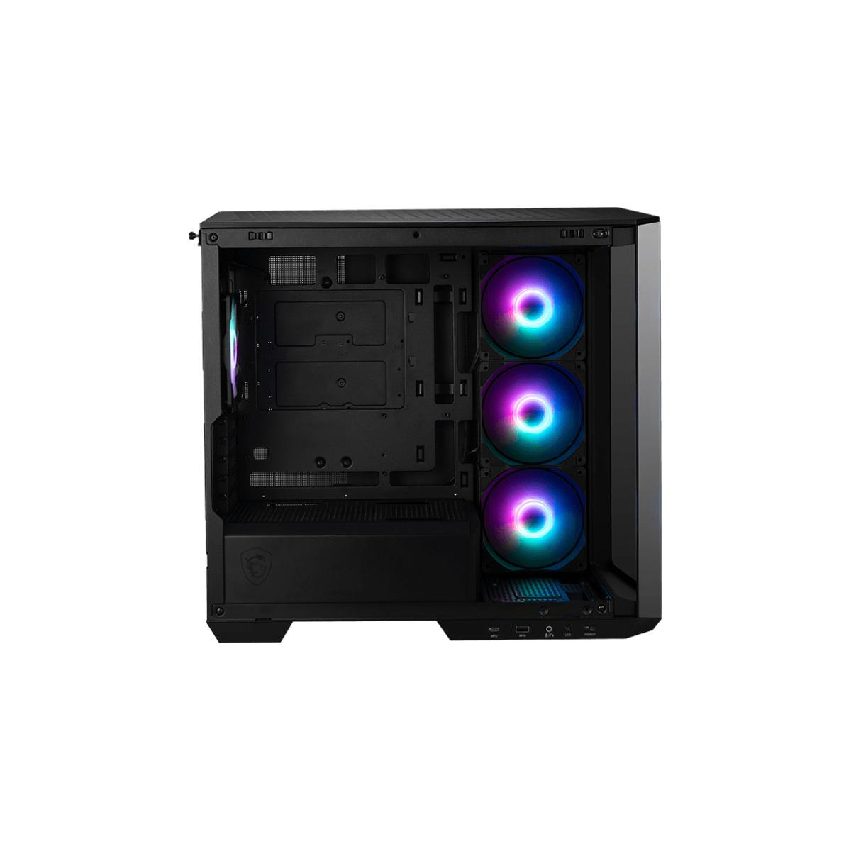 Un case PC nero aperto con tre ventole illuminate.