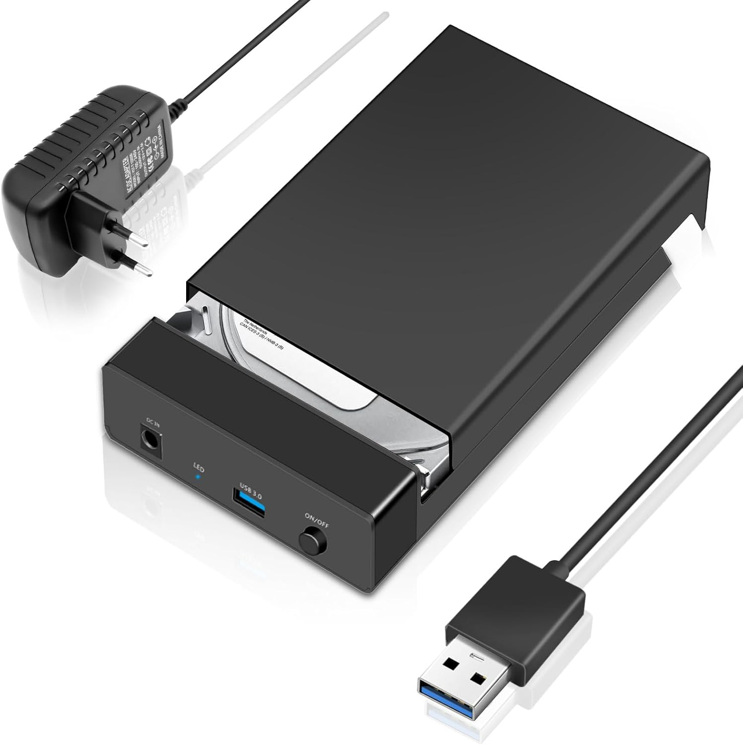 Schwarzes Festplattengehäuse mit Netzteil und USB 3.0 Kabel.