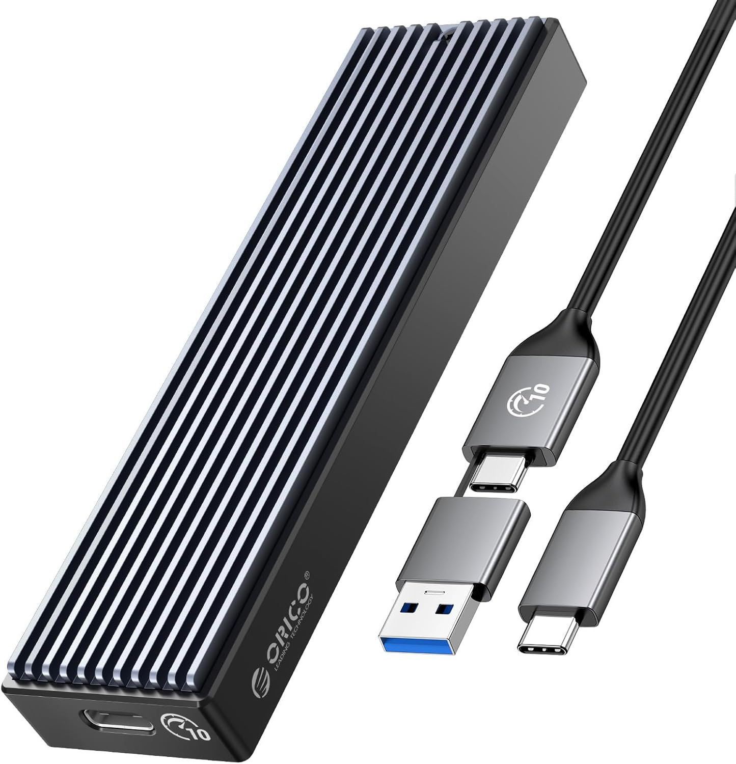 Schwarzes und silbernes externes SSD-Gehäuse mit USB-C-Kabel und USB-A-Anschluss.