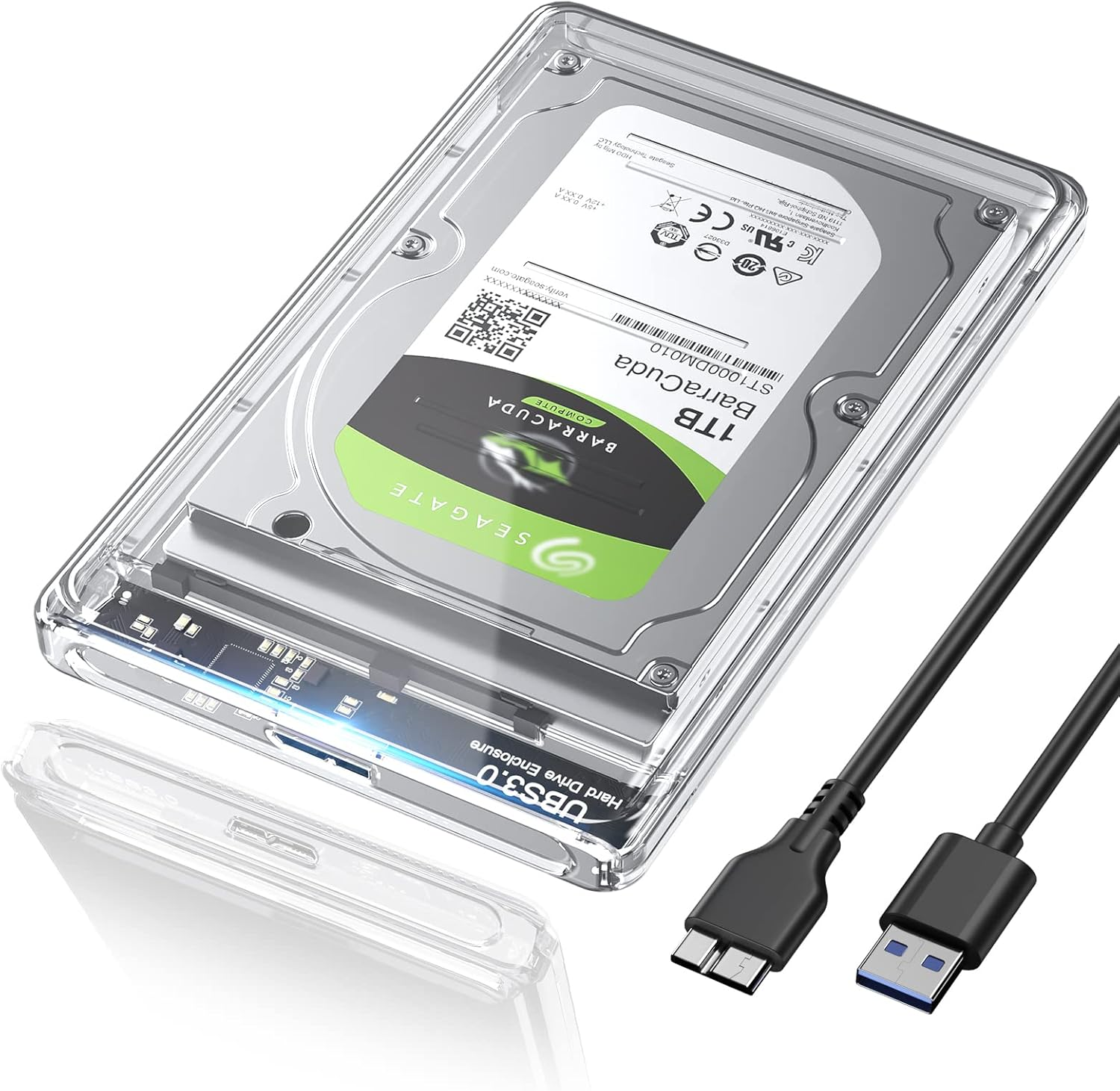 Ein transparenter Festplatten-USB-3.0-Gehäuse mit 1TB Seagate Barracuda HDD und zwei Kabeln.