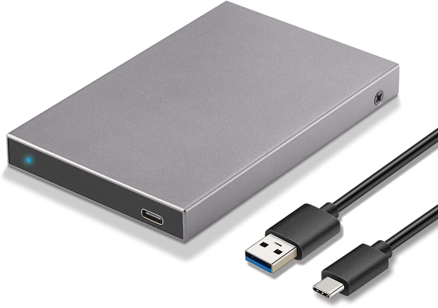 Graues externes Laufwerk mit blauem Lämpchen und USB-Kabeln.