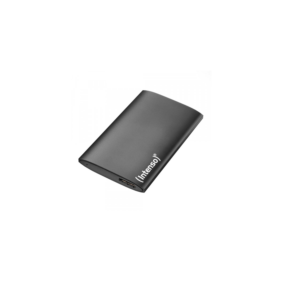 A sleek, black external hard drive with the Intenso logo.