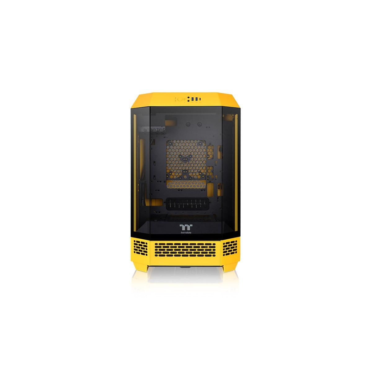 Un case per computer giallo con pannelli in vetro e interni neri.