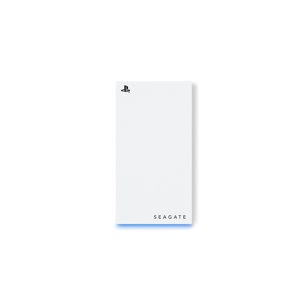 Een witte Seagate-schijf met PlayStation-logo en blauwe lichtrand.