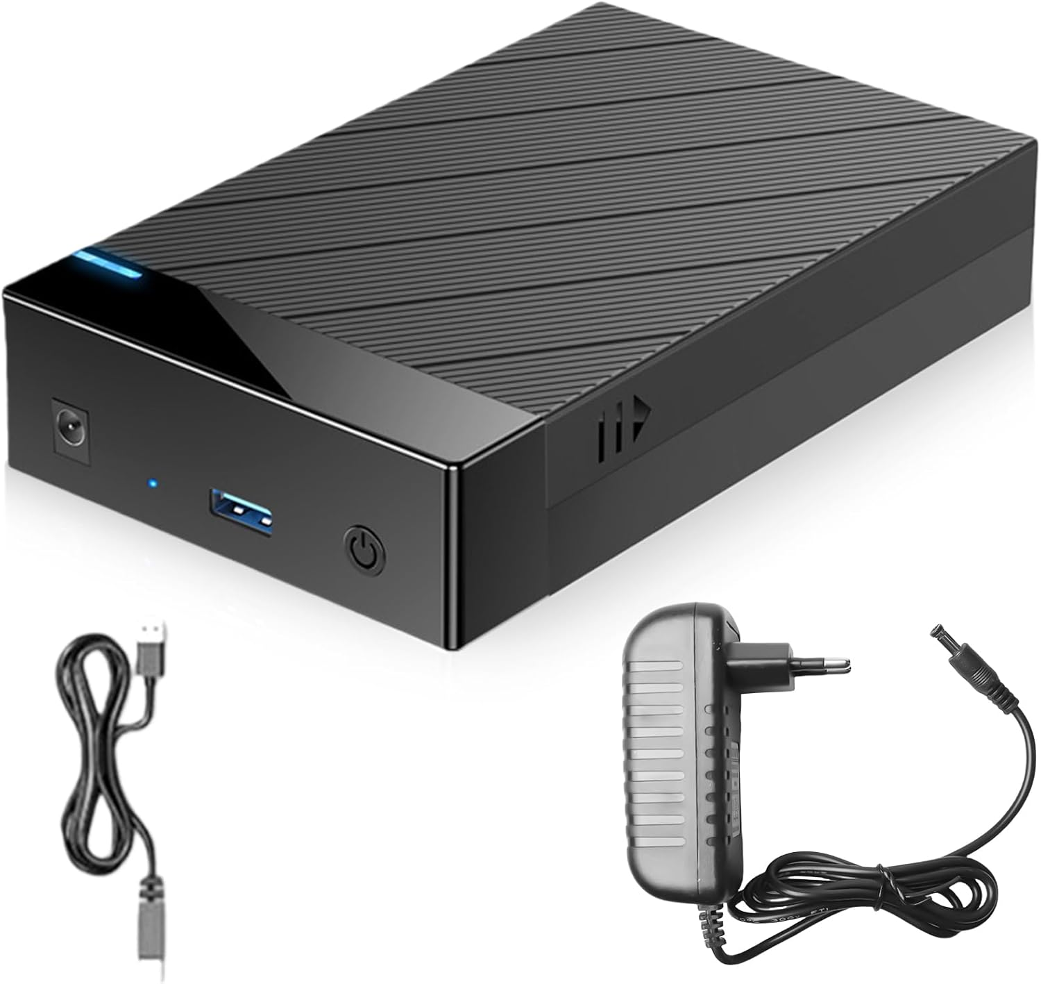 Schwarzes externes Festplattengehäuse mit USB-Kabel und Netzteil.