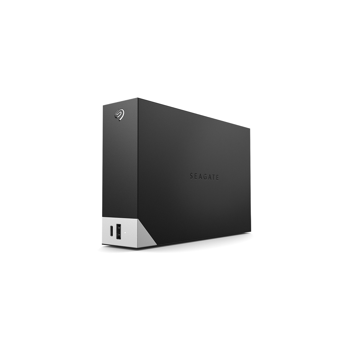 Schwarzes Seagate-Festplattengehäuse mit silbernem Sockel und Anschlüssen.