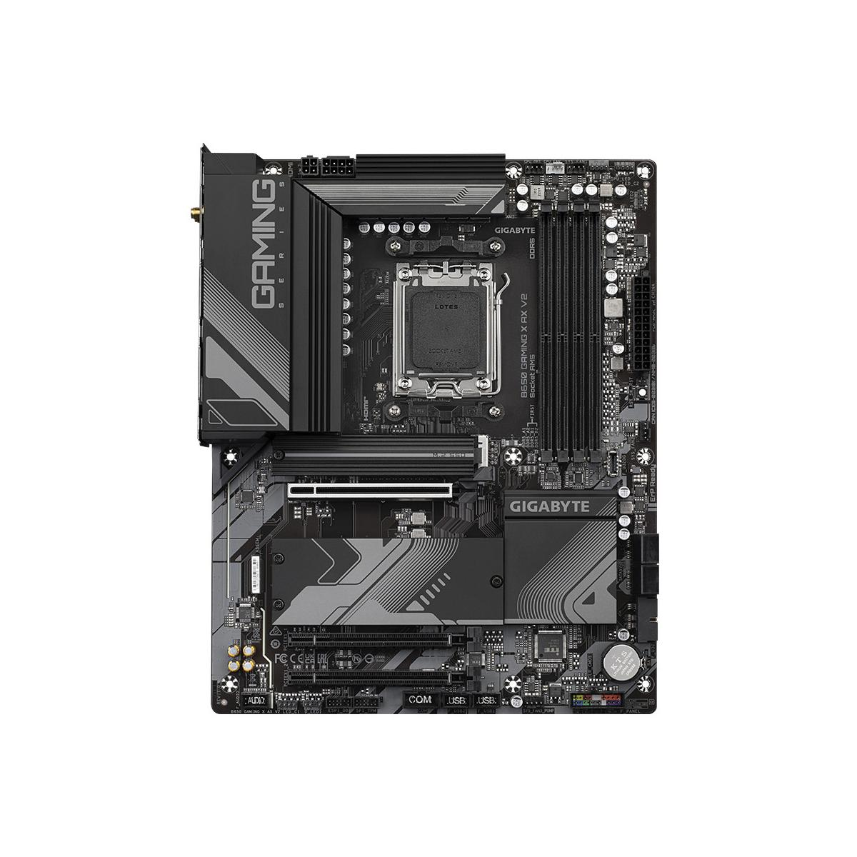 A black Gigabyte B650 Gaming X AX V2 motherboard with multiple slots and ports.