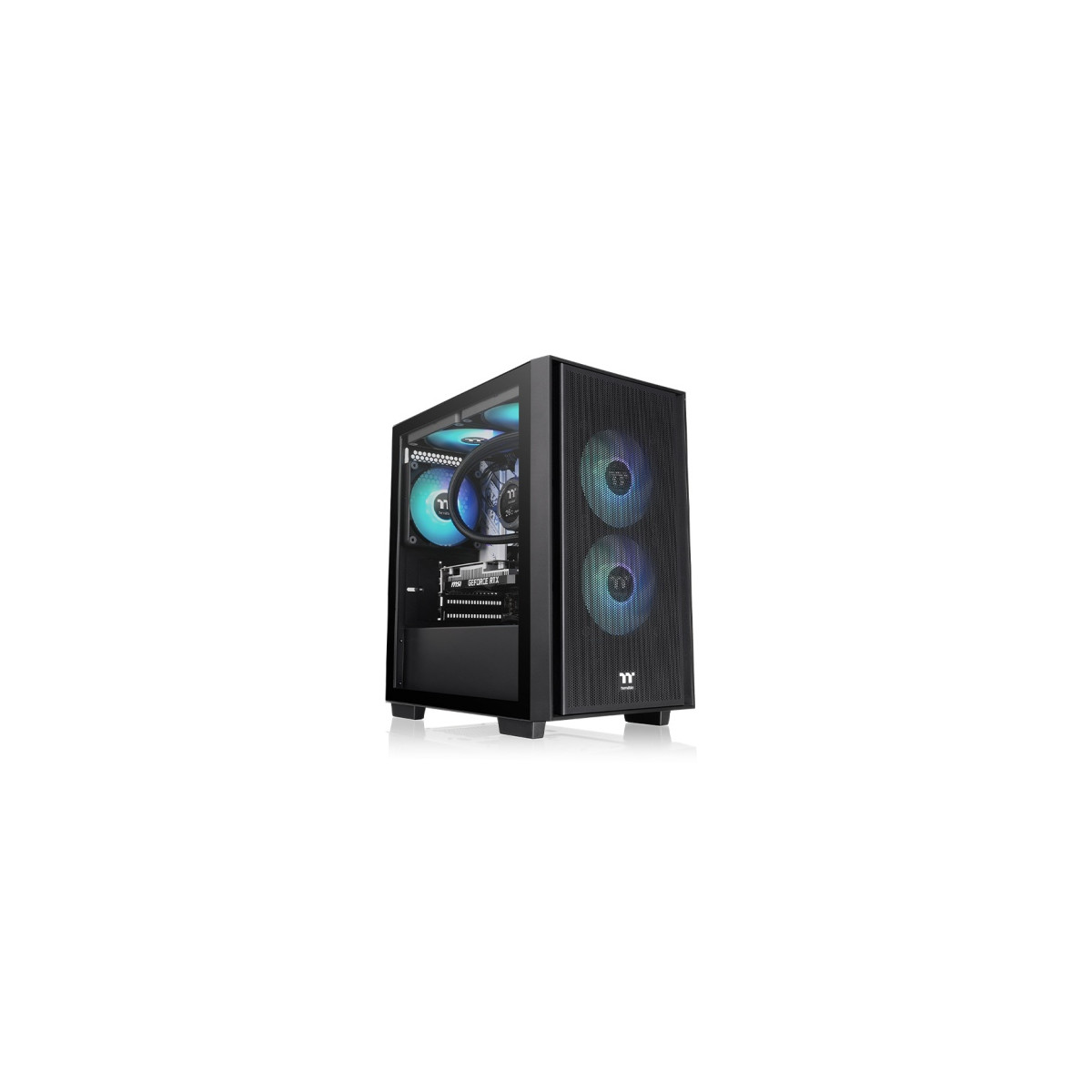 Case PC nero con finestra in vetro e ventole RGB, mostra alimentatore e scheda grafica.