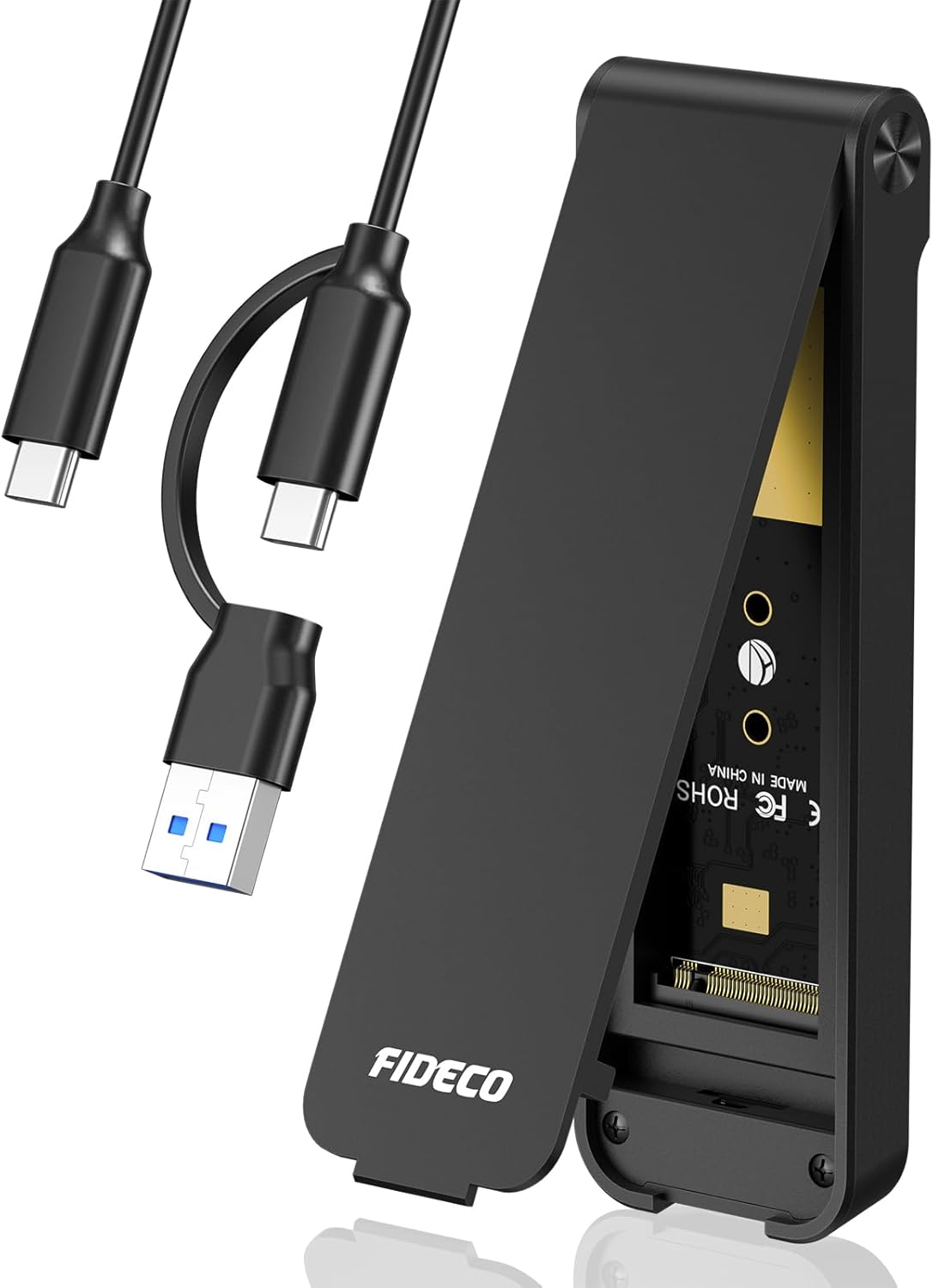 Schwarzes FIDECO externes SSD-Gehäuse mit USB-A und doppelten USB-C-Kabeln.
