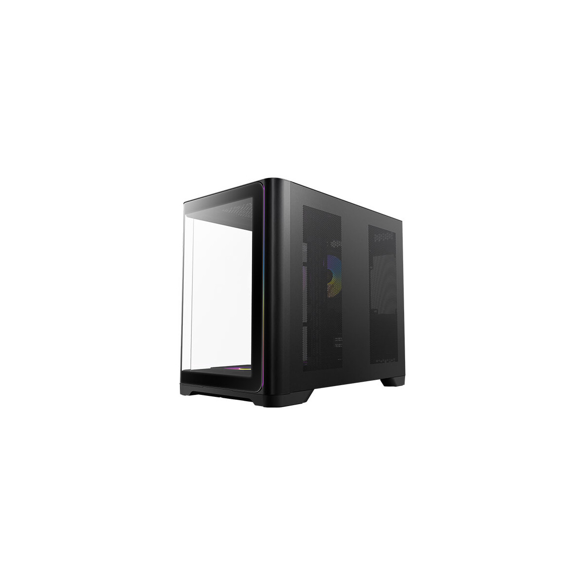 Caja de ordenador negra con frontal de cristal y ventiladores RGB.