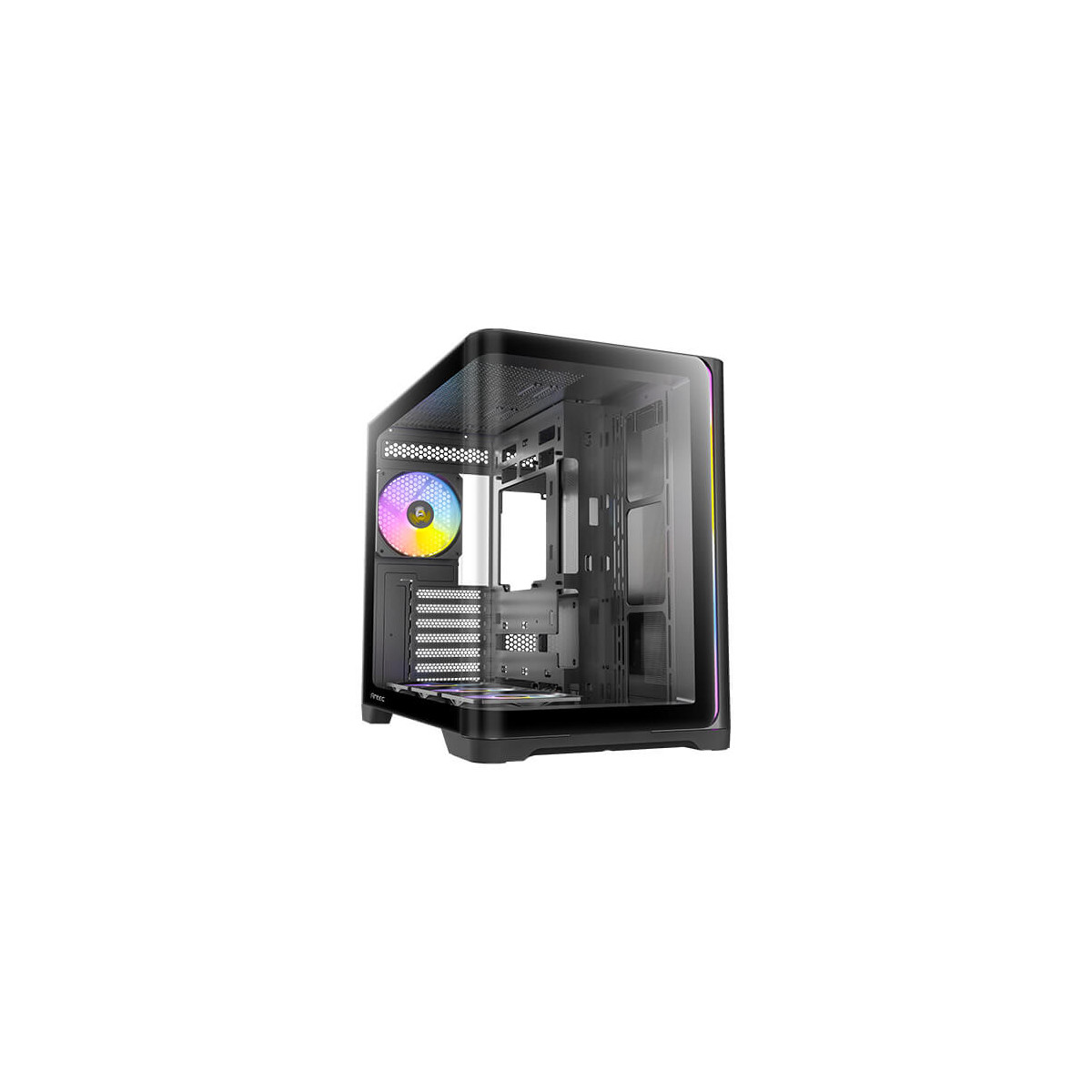 Una caja de computadora negra con ventilador RGB y panel lateral de vidrio.
