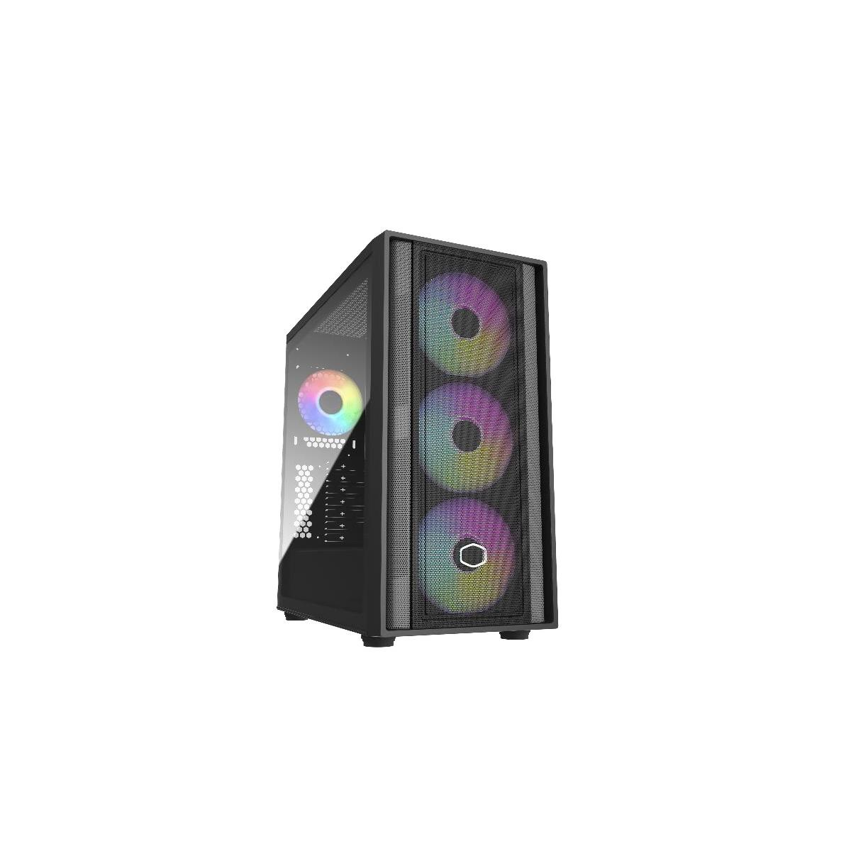 A black computer case with RGB fans and a side window.