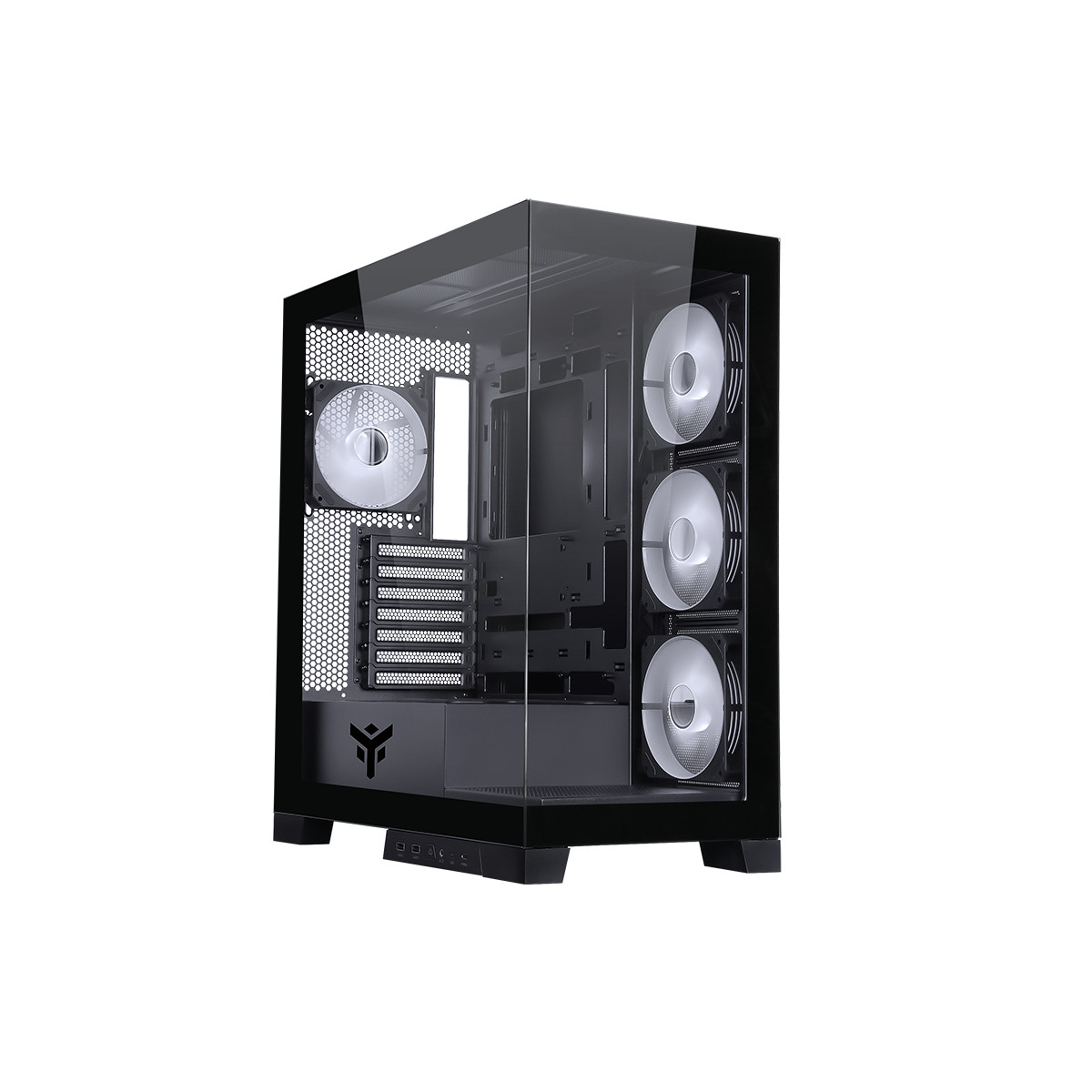 Case del computer nero con frontale in vetro e tre ventole bianche.