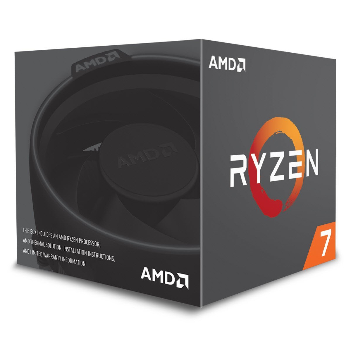 Pudełko procesora AMD Ryzen 7 z chłodzeniem po lewej, logo po prawej.