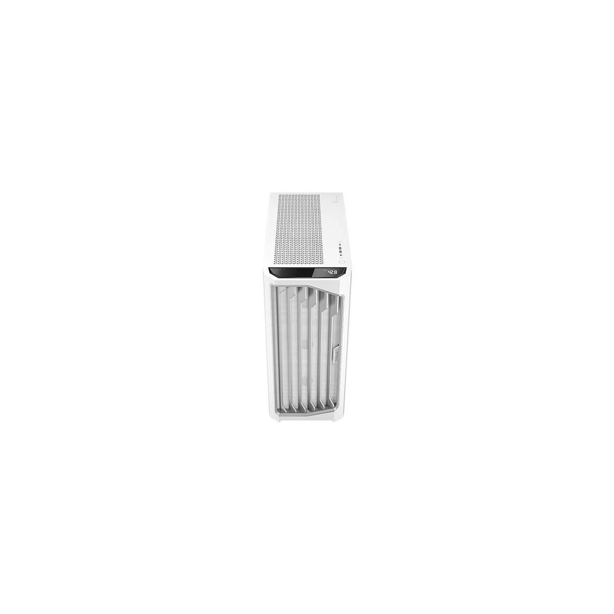 Boîtier d'ordinateur blanc avec aérations verticales et écran numérique.