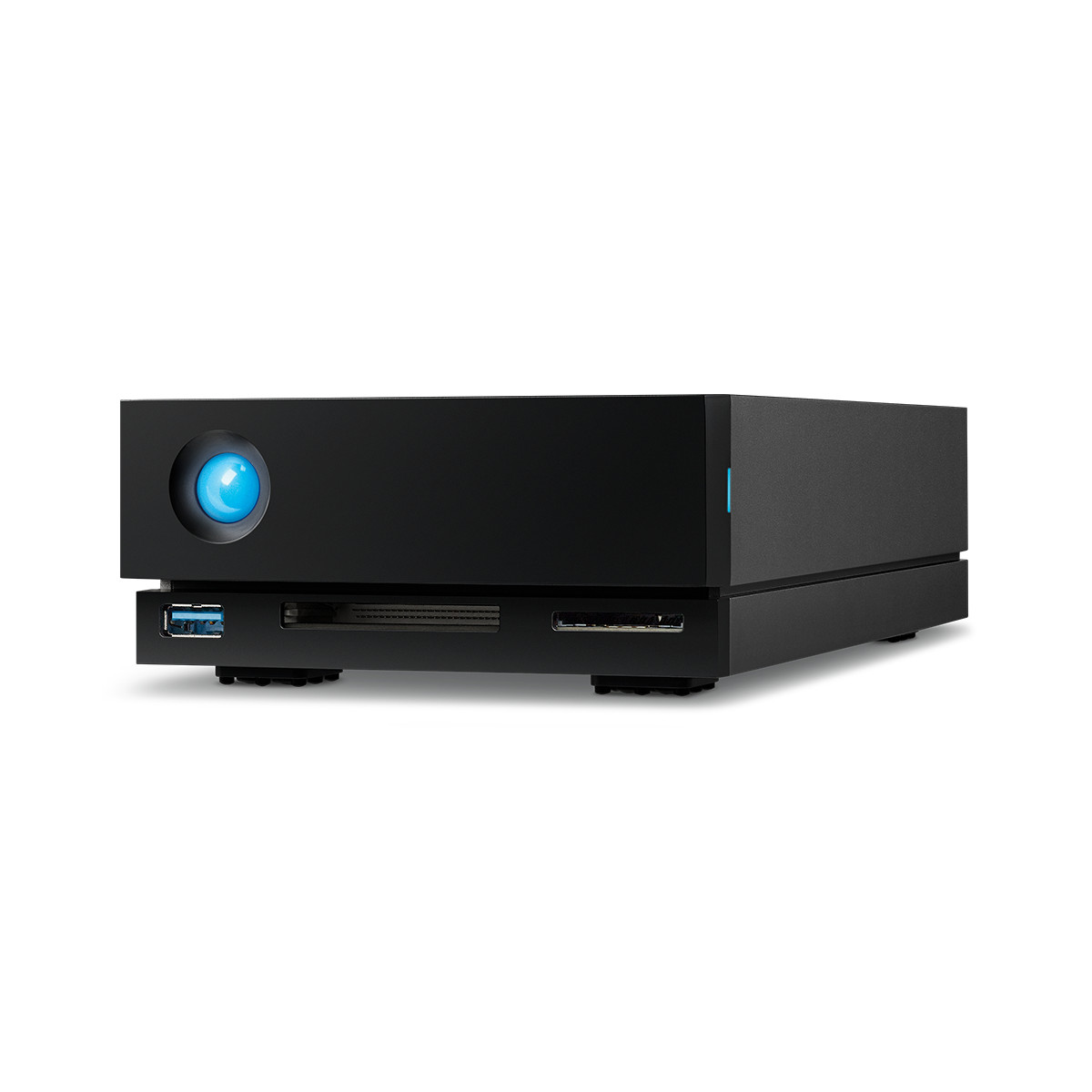 Dispositivo di archiviazione esterno nero con luce blu e porte USB.