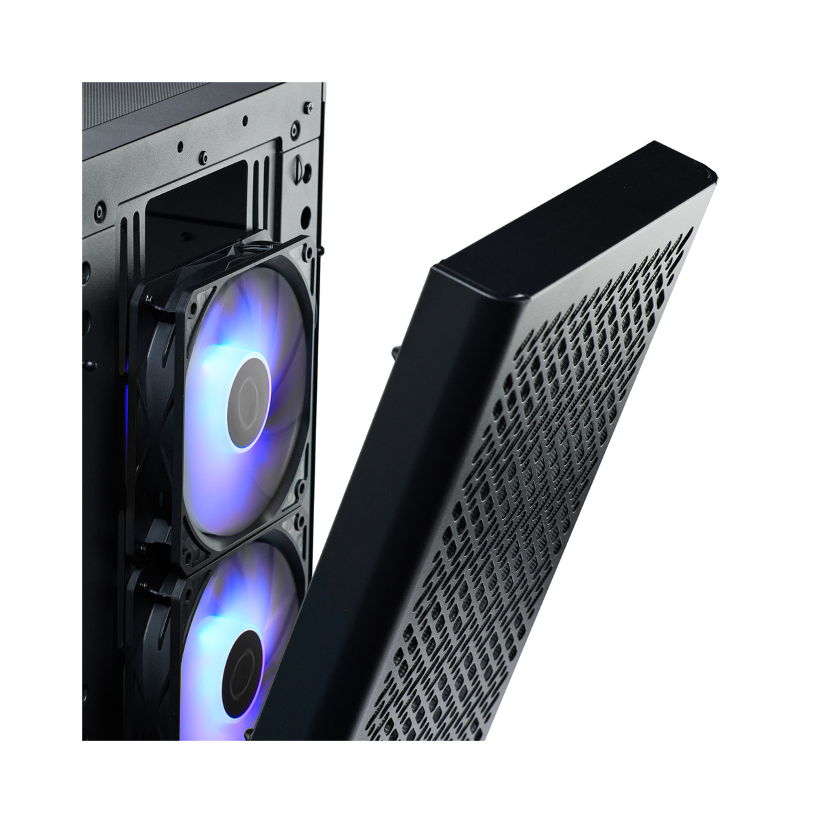 Two illuminated fans inside a computer case with the front panel removed.