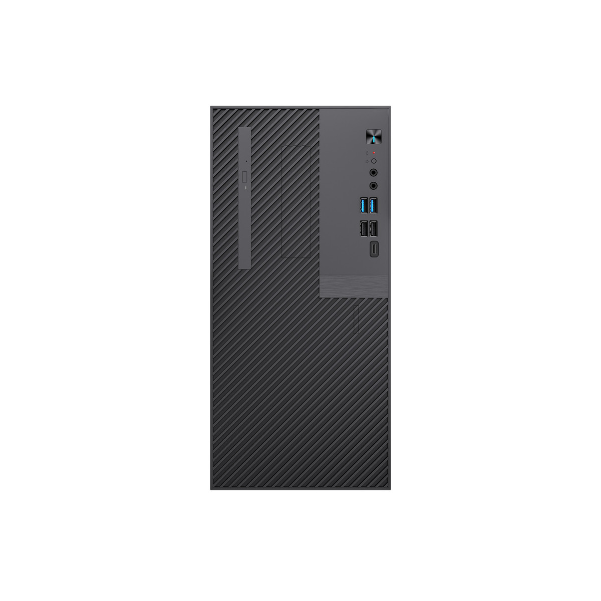 Computer desktop nero con porte USB e pulsante di accensione.