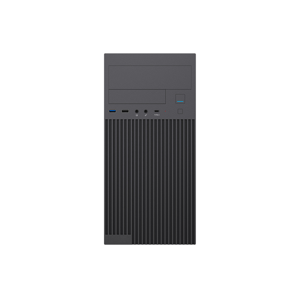 Un case per computer nero con scanalature verticali e porte frontali.