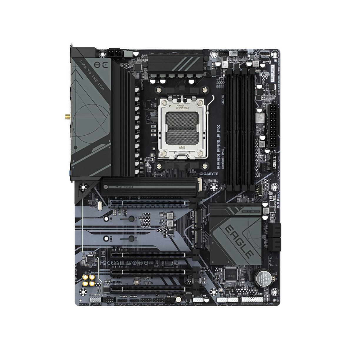 Czarna płyta główna GIGABYTE B650 EAGLE AX z gniazdem CPU, slotami RAM i złączami.