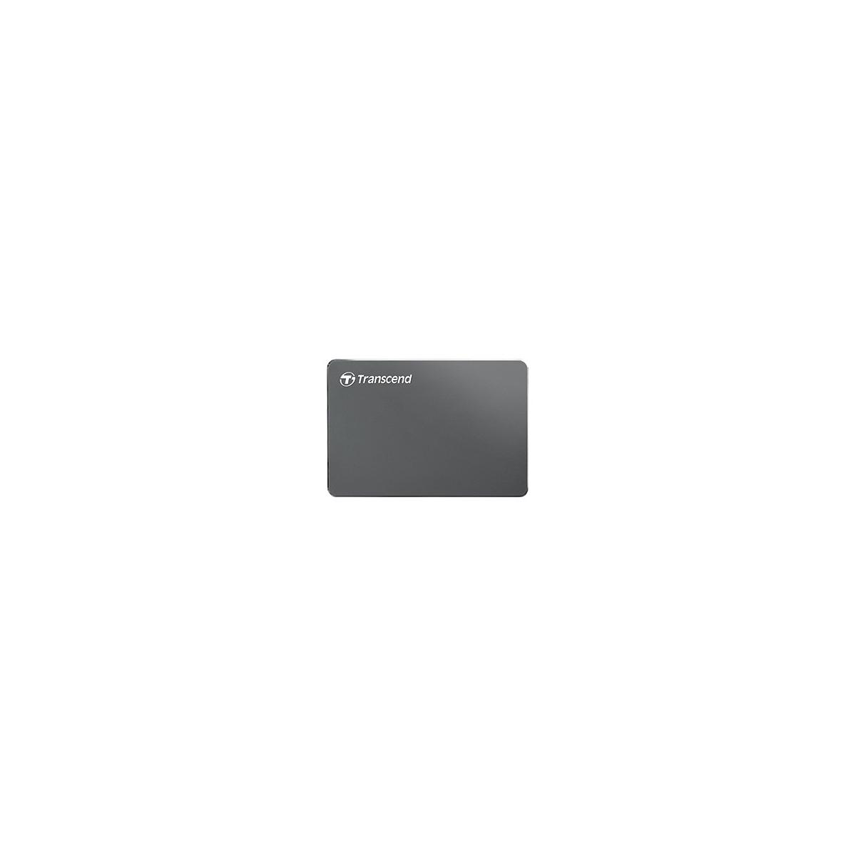 A gray Transcend storage device with rounded corners on a white background.