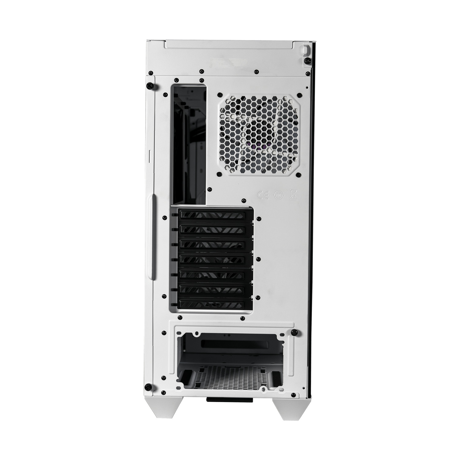 Il retro di un case bianco per computer con prese d'aria e porte.