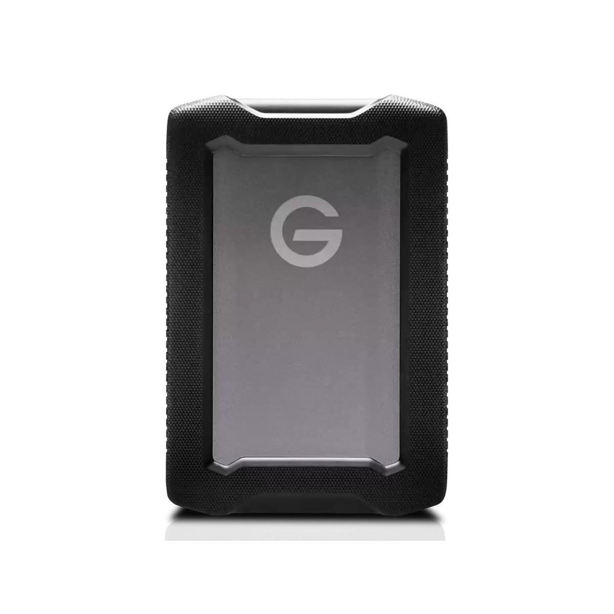 Graue externe Festplatte mit schwarzem Stoßschutz und 'G'-Logo.