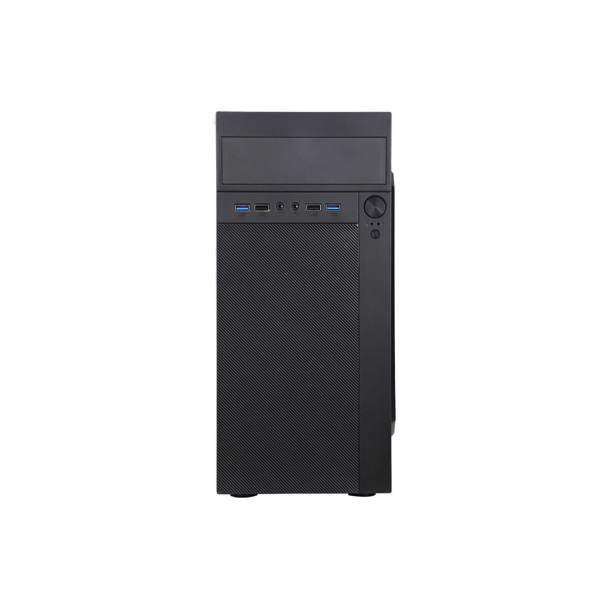 Una tower del computer nera con porte USB e pannello frontale testurizzato.