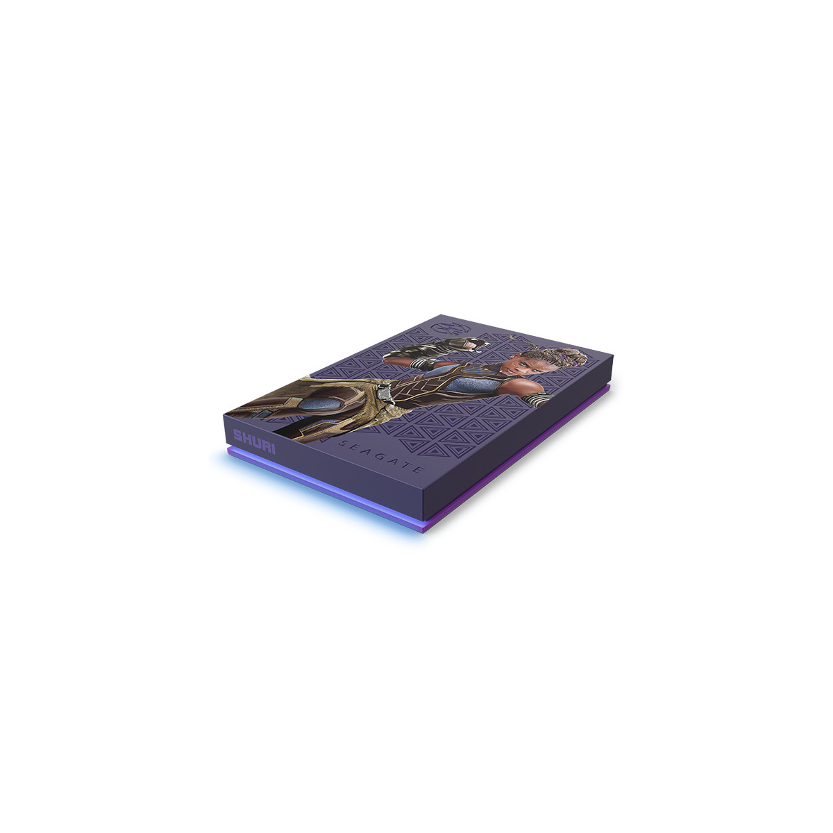 Dispositivo de almacenamiento Seagate morado con arte de Shuri de Black Panther. Patrón geométrico.