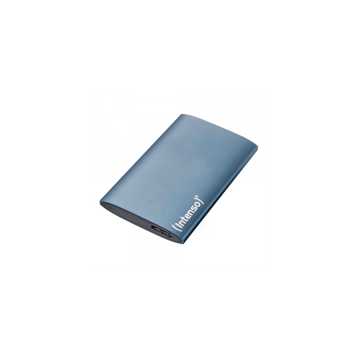 A blue portable external hard drive with Intenso logo on a white background.