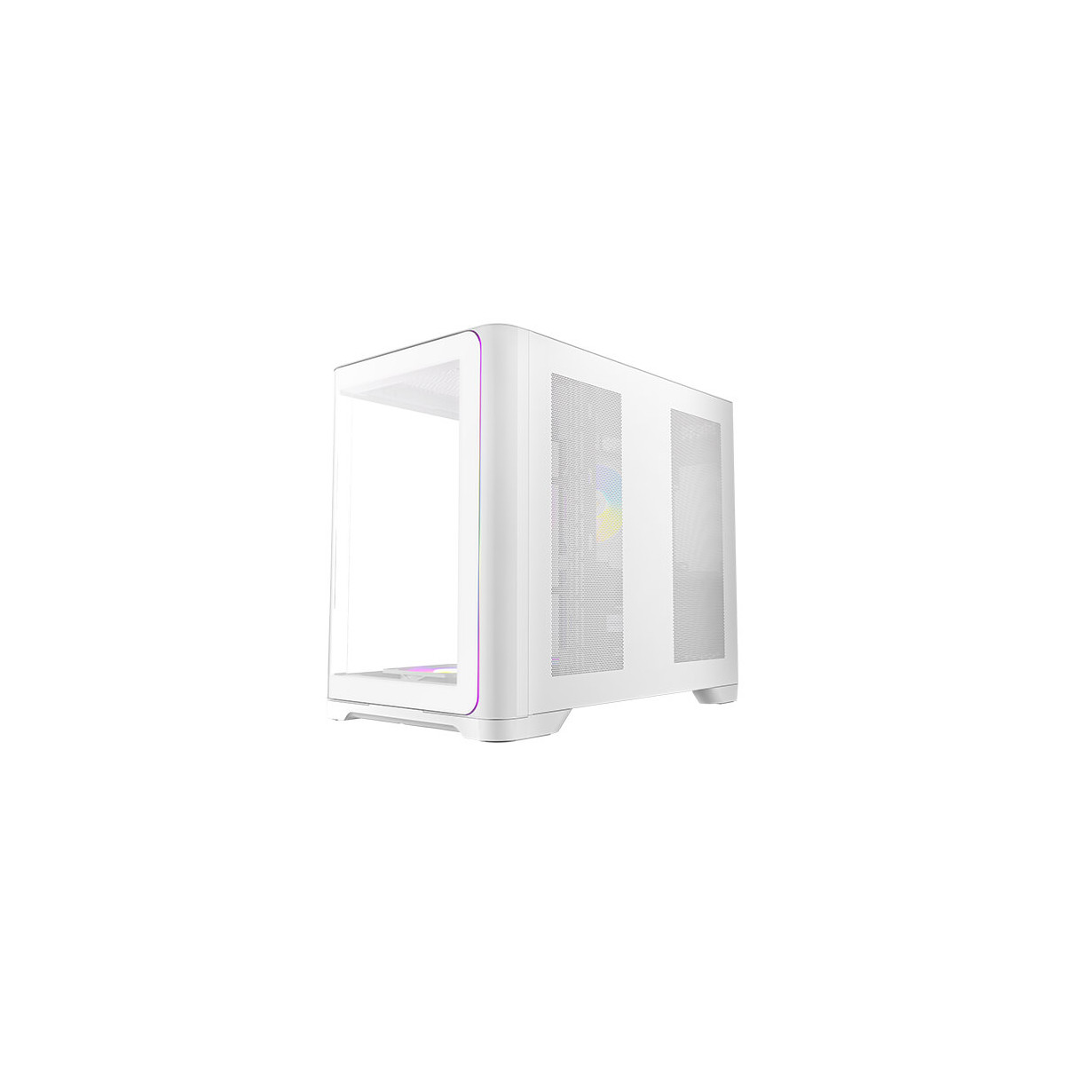 Un case per PC bianco con frontale in vetro e illuminazione RGB.