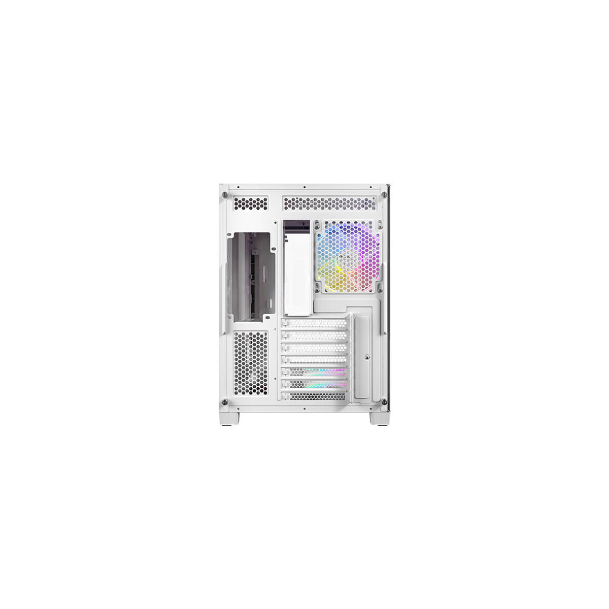 Vista posteriore di un case PC bianco con ventole e porte.