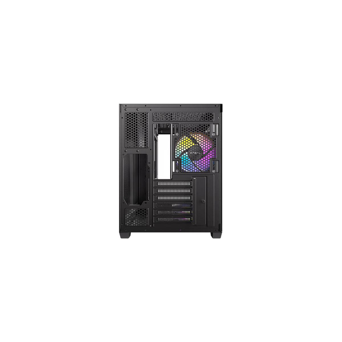 Intérieur de boîtier d'ordinateur noir avec ventilateur RVB et slots d'extension.