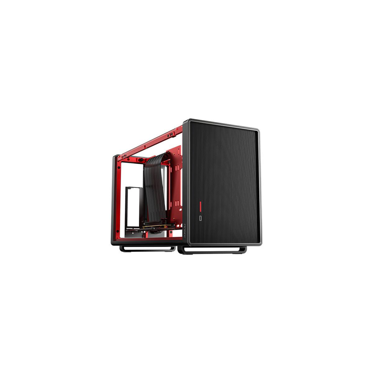 Case per computer rosso con prese d'aria verticali nere e un cavo. Design minimalista.
