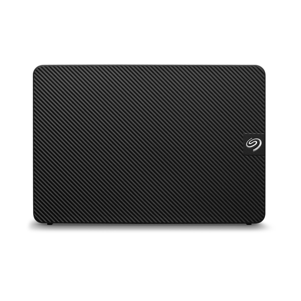 Black external hard drive with a ribbed surface and Seagate logo.