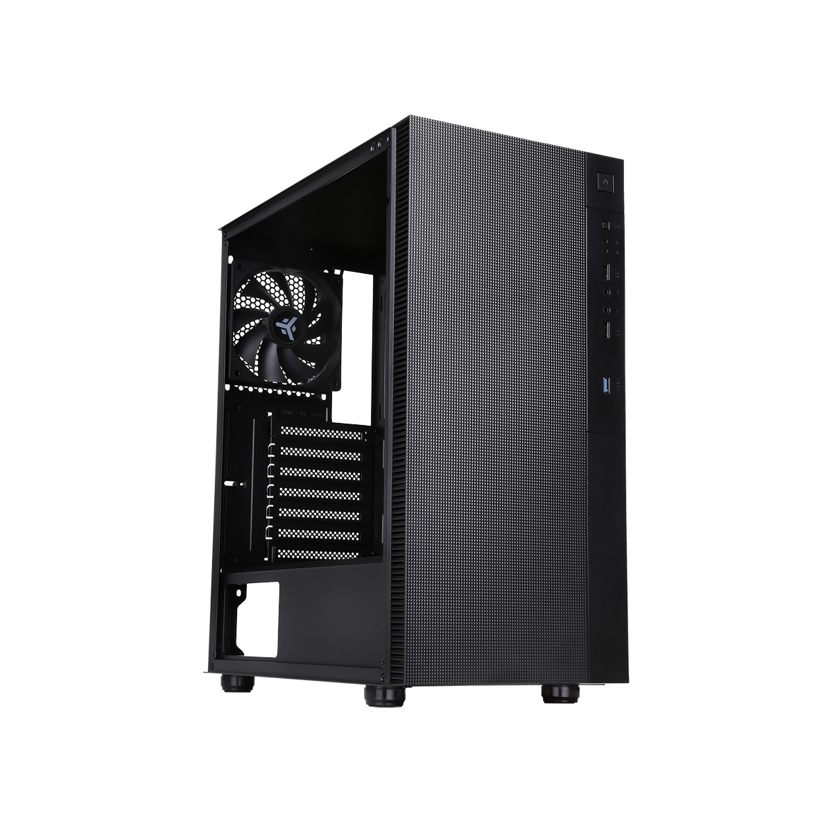 Case del computer nero con ventola e porte sul pannello frontale.