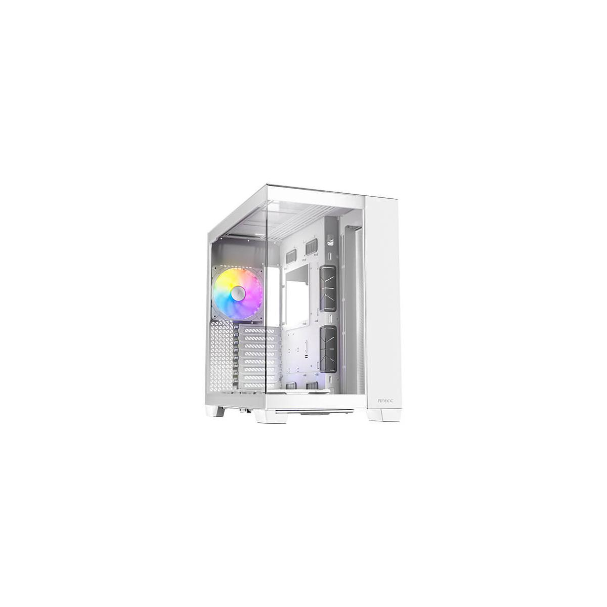 Un case PC bianco con frontale in vetro e ventola RGB.