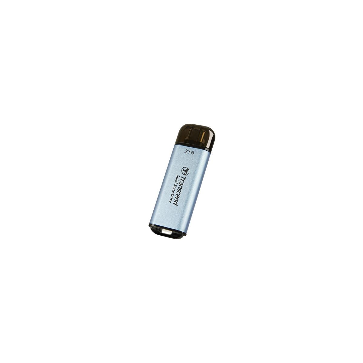 A blue Transcend 2TB Solid State Drive USB flash drive with a black cap.