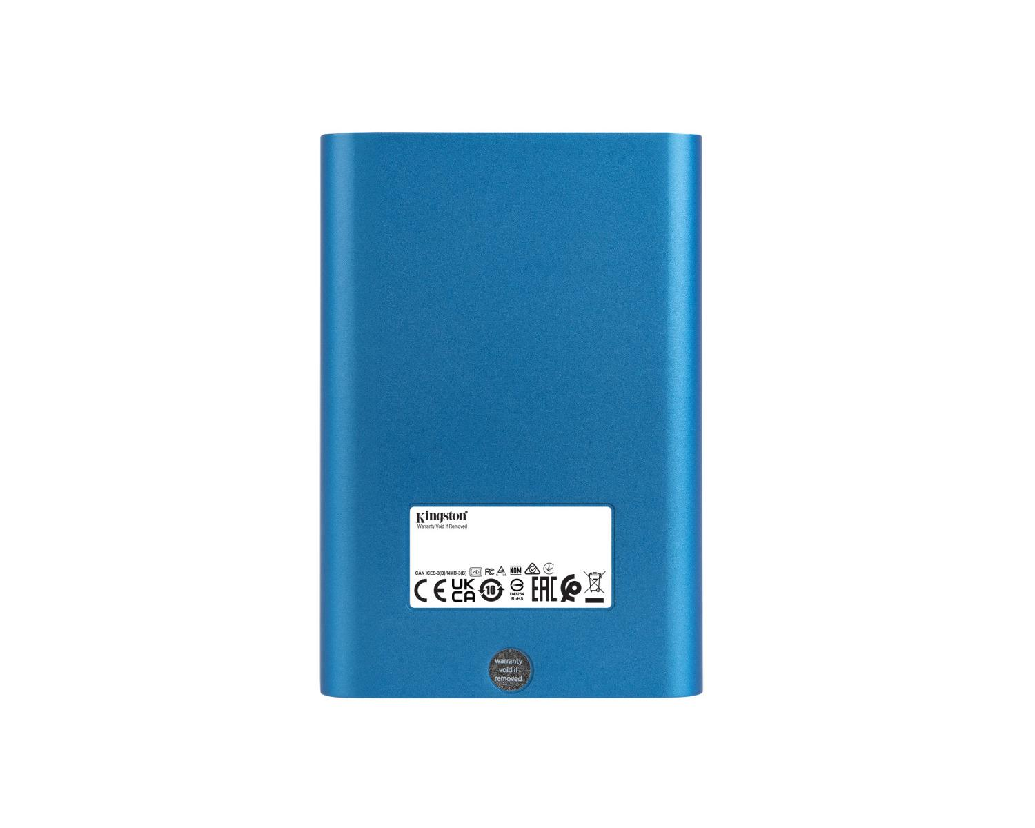 Blue Kingston storage device with seals and warranty notice.