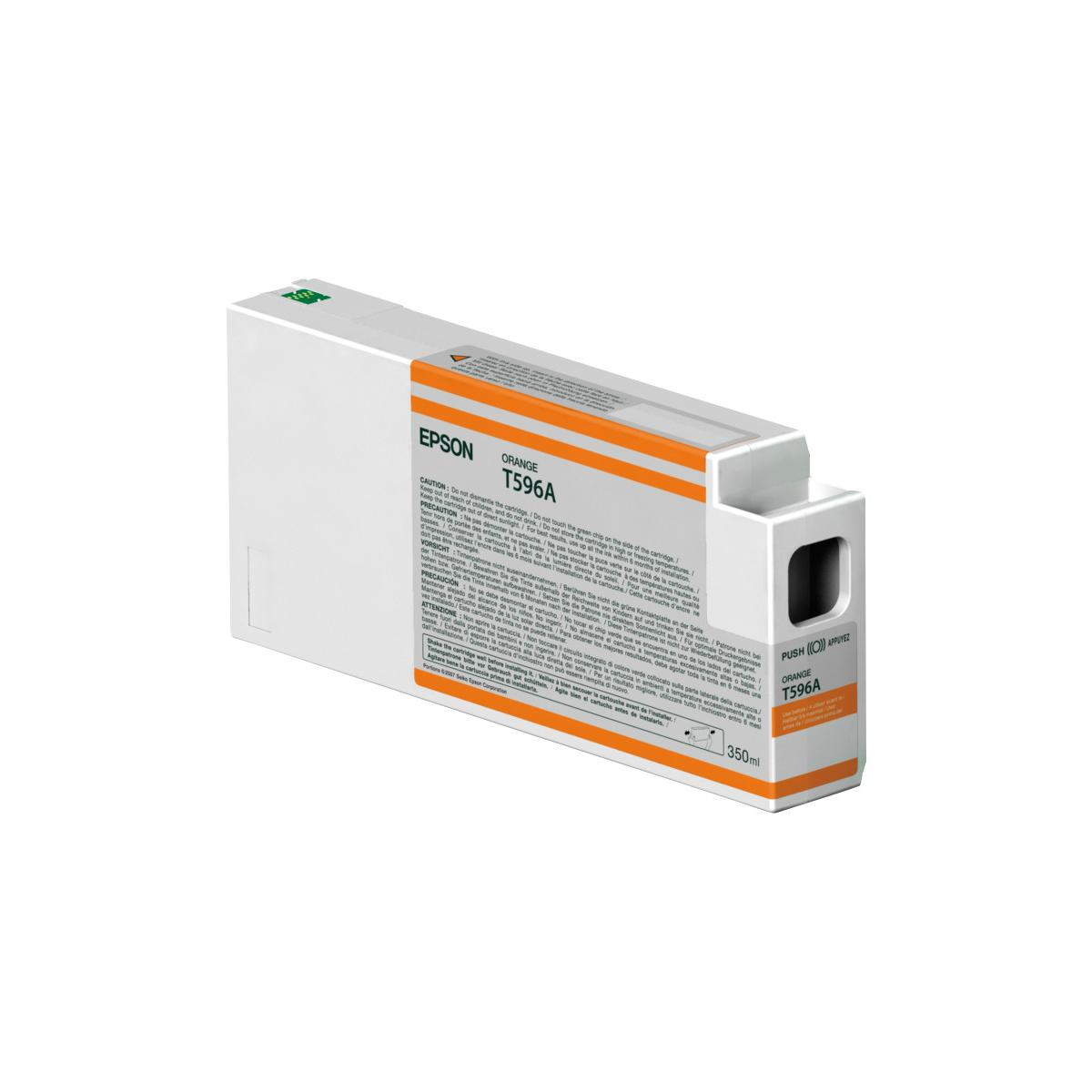 Cartucho de tinta Epson T596A naranja con advertencias e indicador de nivel.